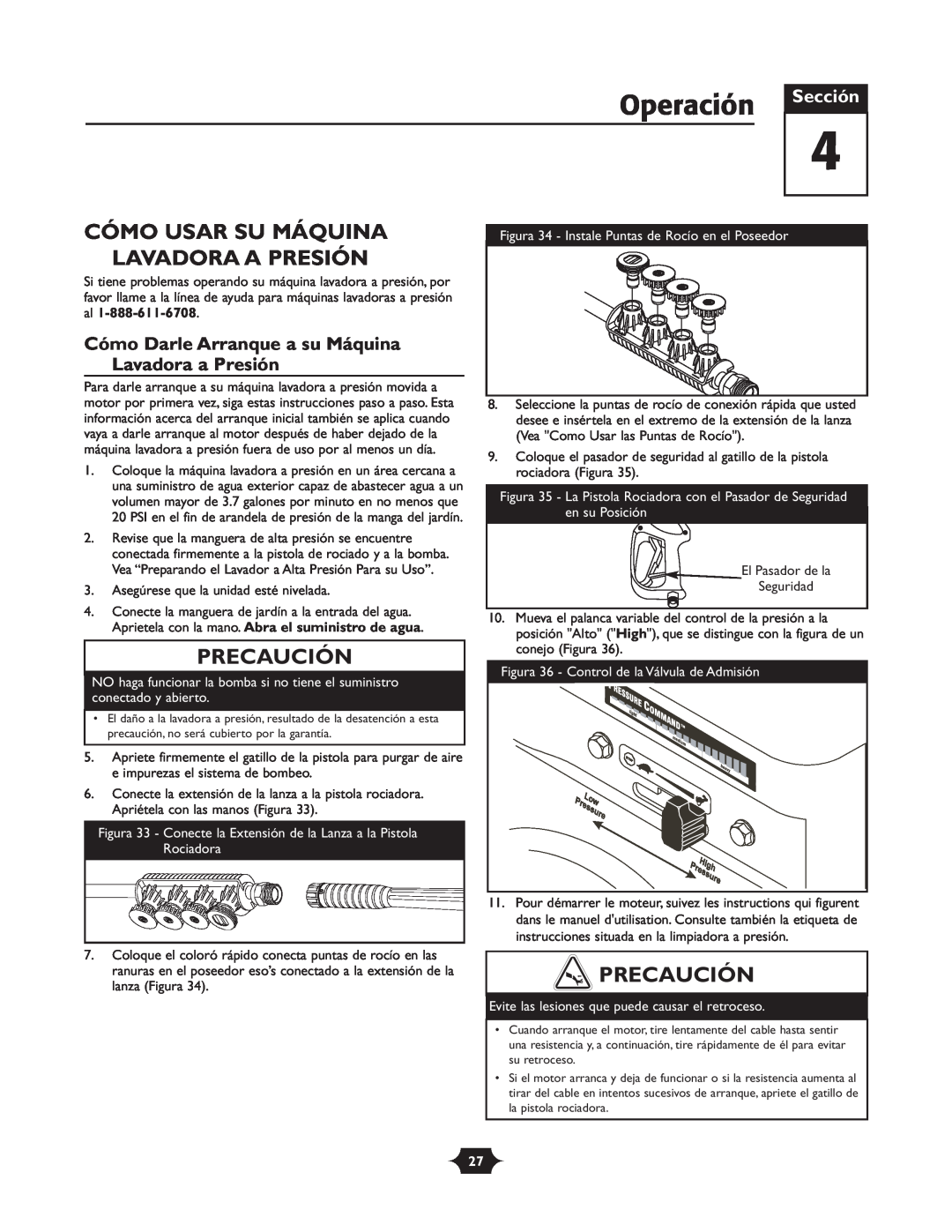 Briggs & Stratton 20209 owner manual Operación, Cómo Usar Su Máquina Lavadora A Presión, Precaución, Sección 
