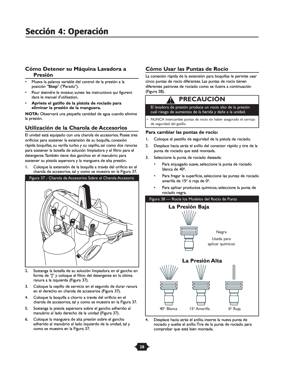 Briggs & Stratton 20209 Sección 4 Operación, Cómo Detener su Máquina Lavadora a Presión, Cómo Usar las Puntas de Rocío 
