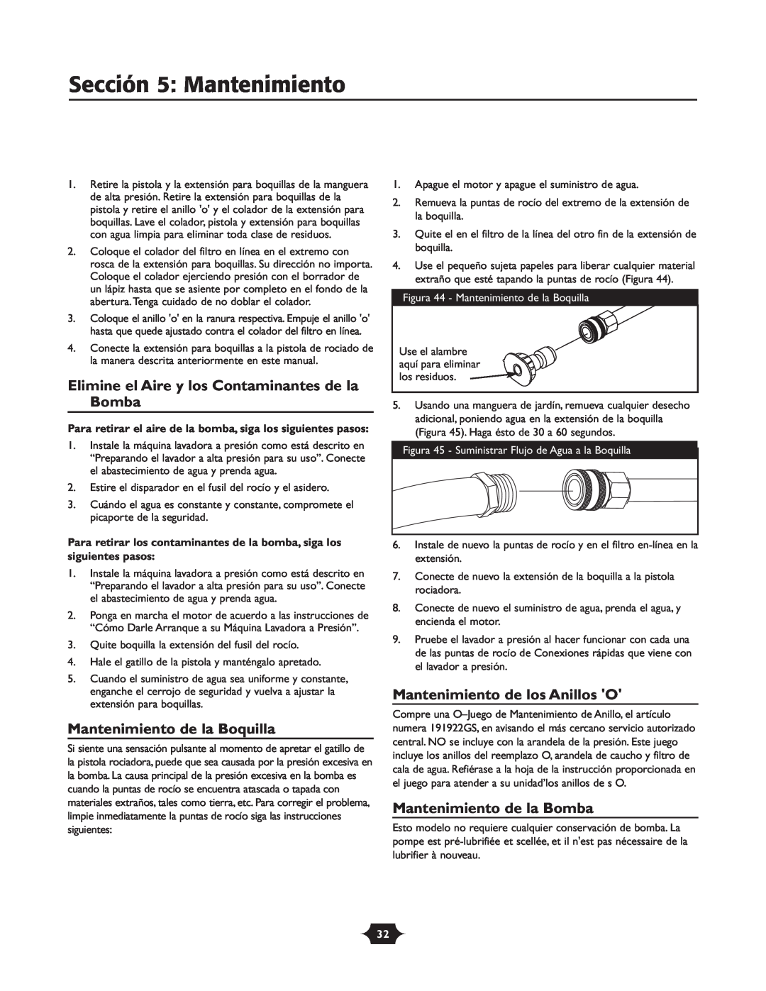 Briggs & Stratton 20209 owner manual Sección 5 Mantenimiento, Elimine el Aire y los Contaminantes de la Bomba 