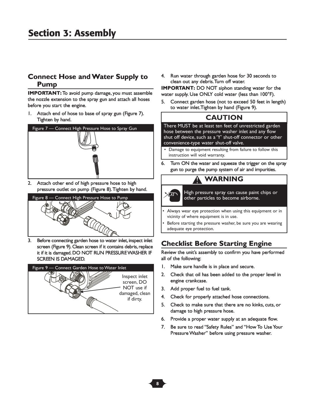 Briggs & Stratton 20209 owner manual Connect Hose and Water Supply to Pump, Checklist Before Starting Engine, Assembly 