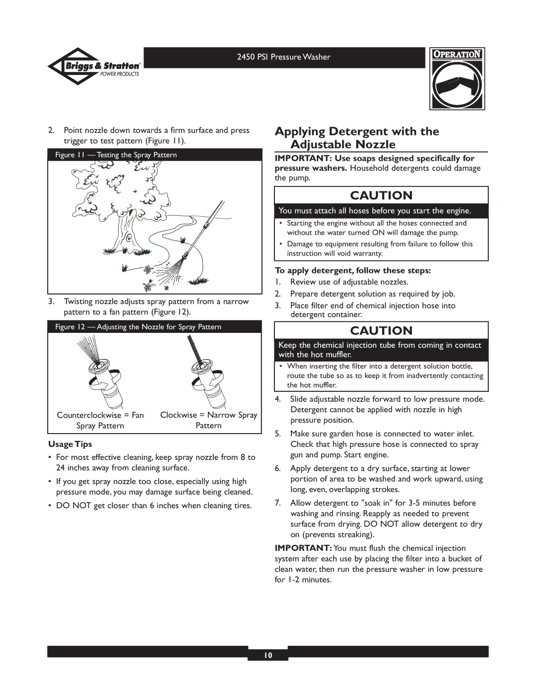 Briggs & Stratton 20215 Applying Detergent with the Adjustable Nozzle, To apply detergent, follow these steps, Usage Tips 