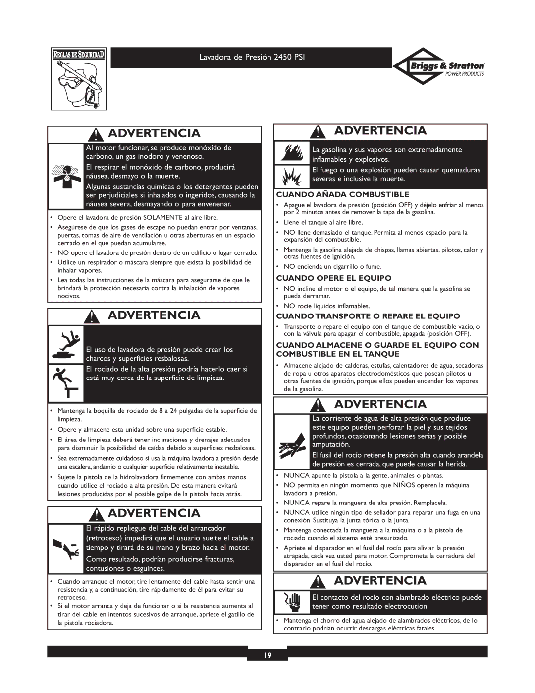 Briggs & Stratton 20215 owner manual Cuando Añada Combustible 