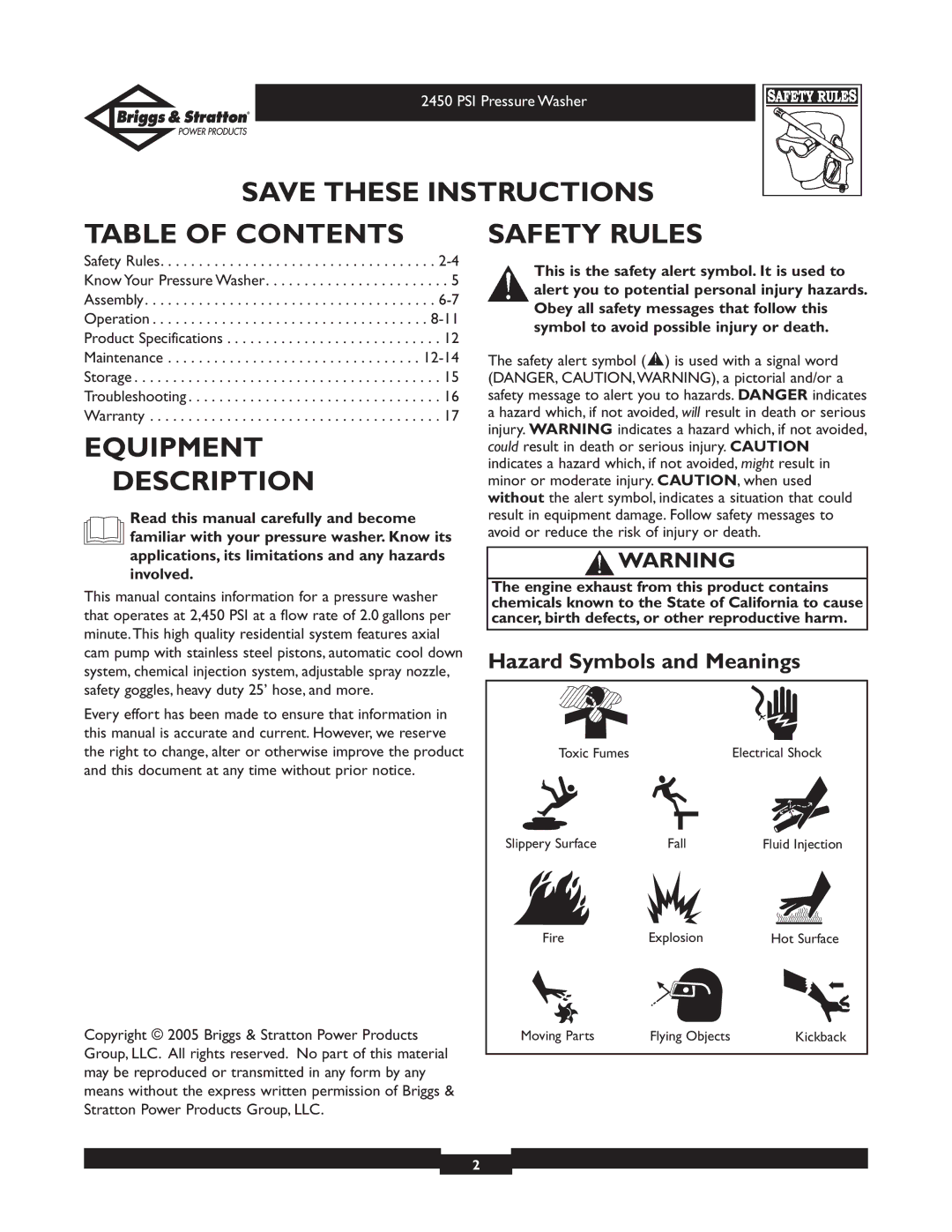 Briggs & Stratton 20215 owner manual Table of Contents, Equipment Description, Safety Rules 