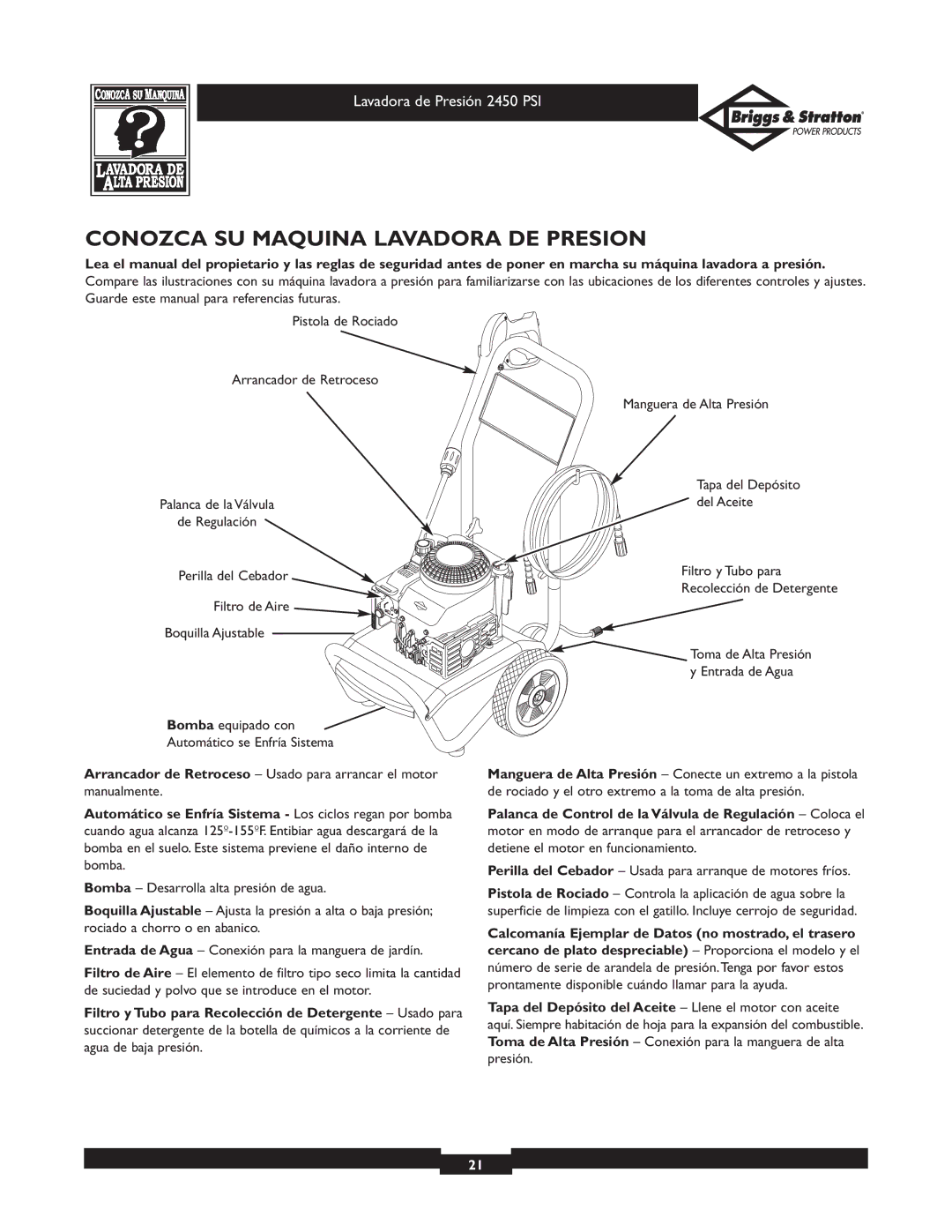 Briggs & Stratton 20215 owner manual Conozca SU Maquina Lavadora DE Presion, Filtro de Aire Boquilla Ajustable 