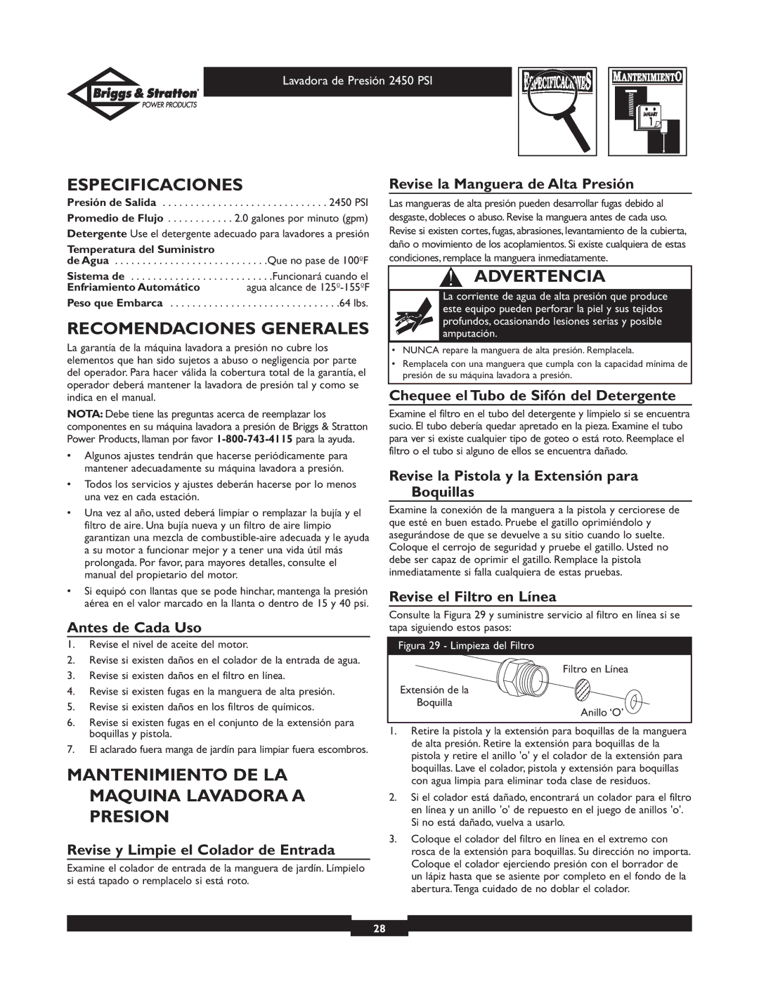 Briggs & Stratton 20215 Especificaciones, Recomendaciones Generales, Mantenimiento DE LA Maquina Lavadora a Presion 