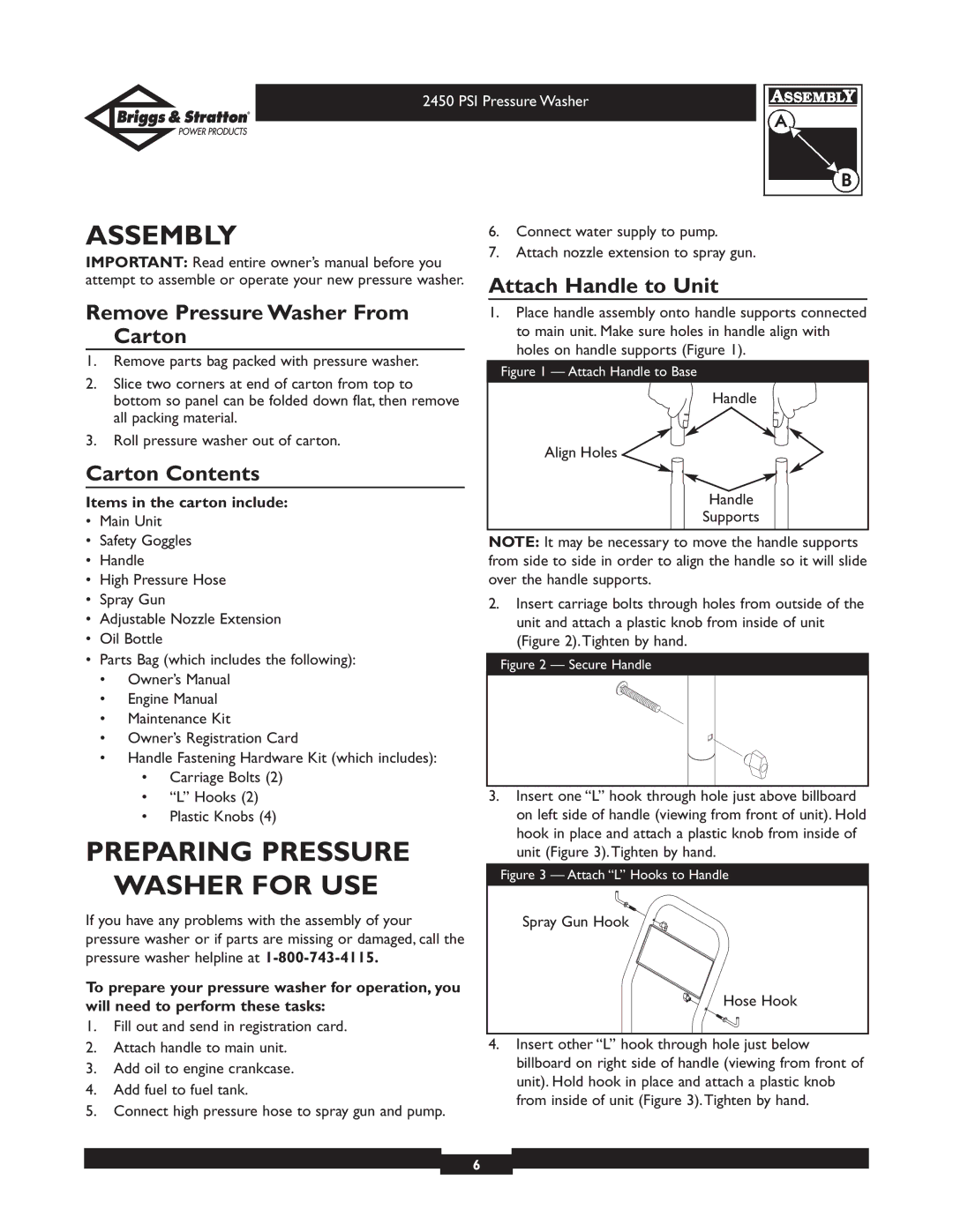 Briggs & Stratton 20215 Assembly, Preparing Pressure Washer for USE, Remove Pressure Washer From Carton, Carton Contents 