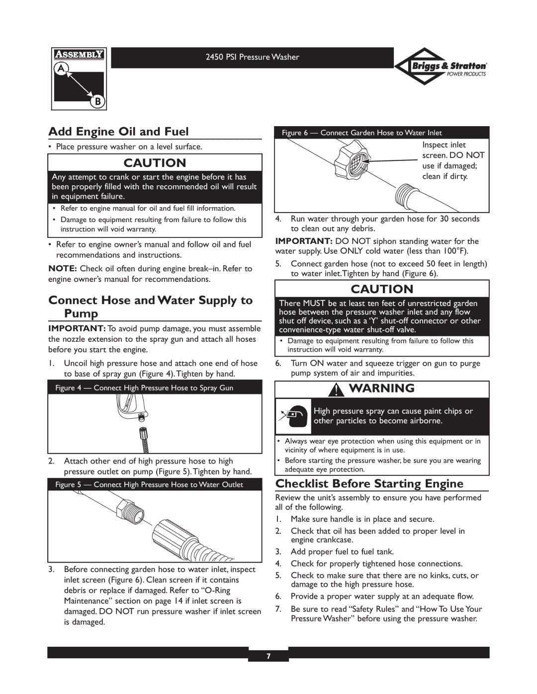 Briggs & Stratton 20215 Add Engine Oil and Fuel, Connect Hose and Water Supply to Pump, Checklist Before Starting Engine 