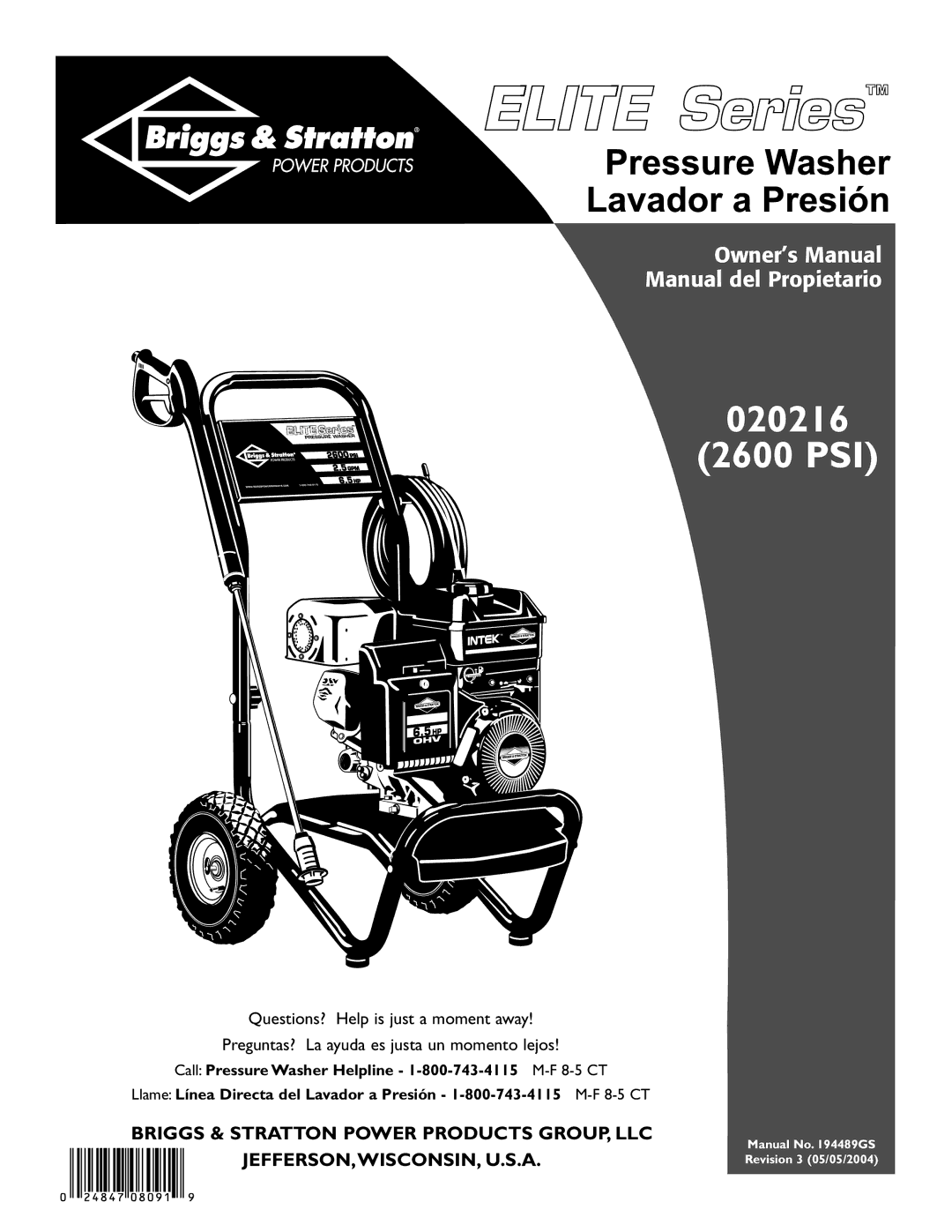 Briggs & Stratton owner manual 020216 2600 PSI 