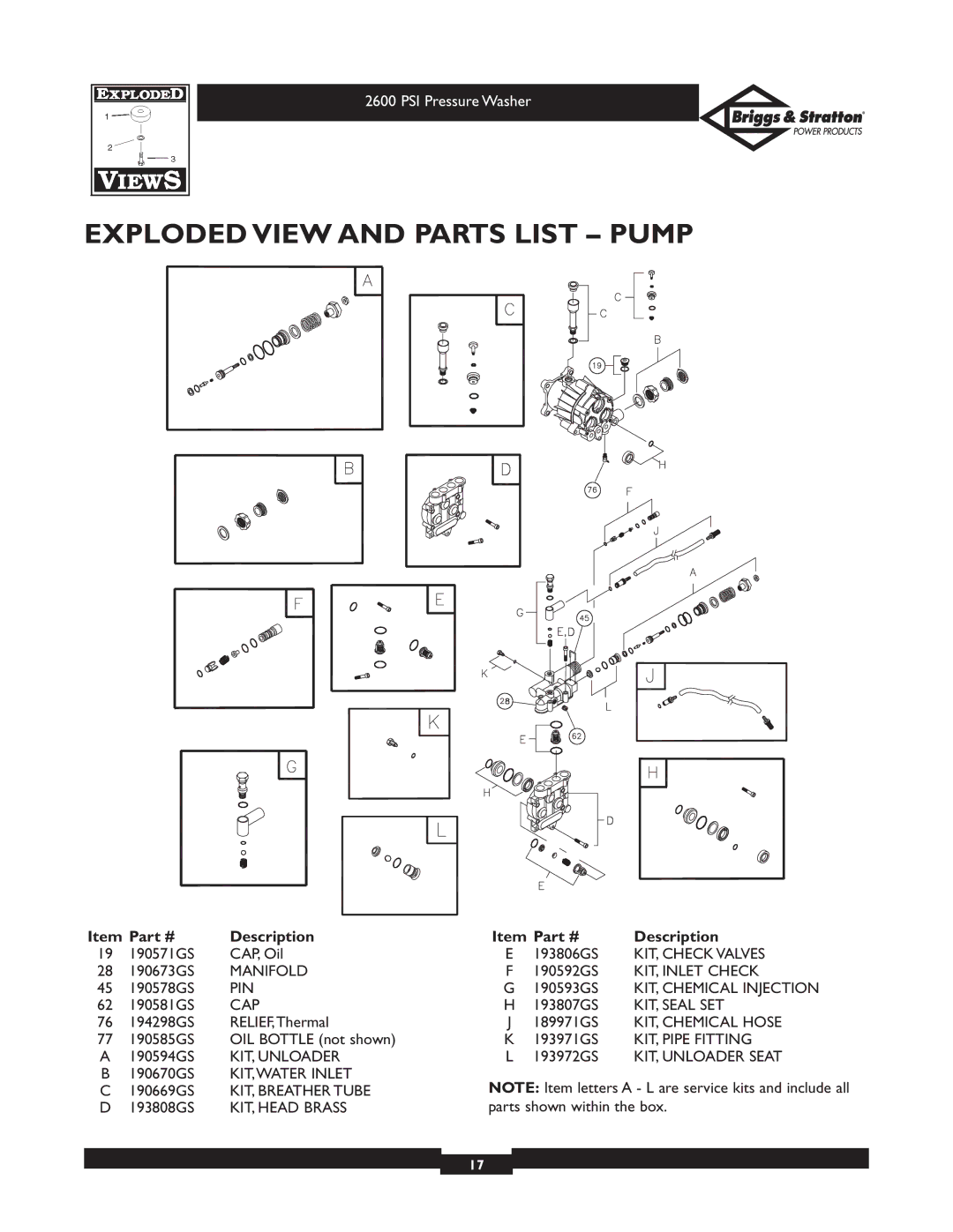 Briggs & Stratton 20216 owner manual Exploded View and Parts List Pump 