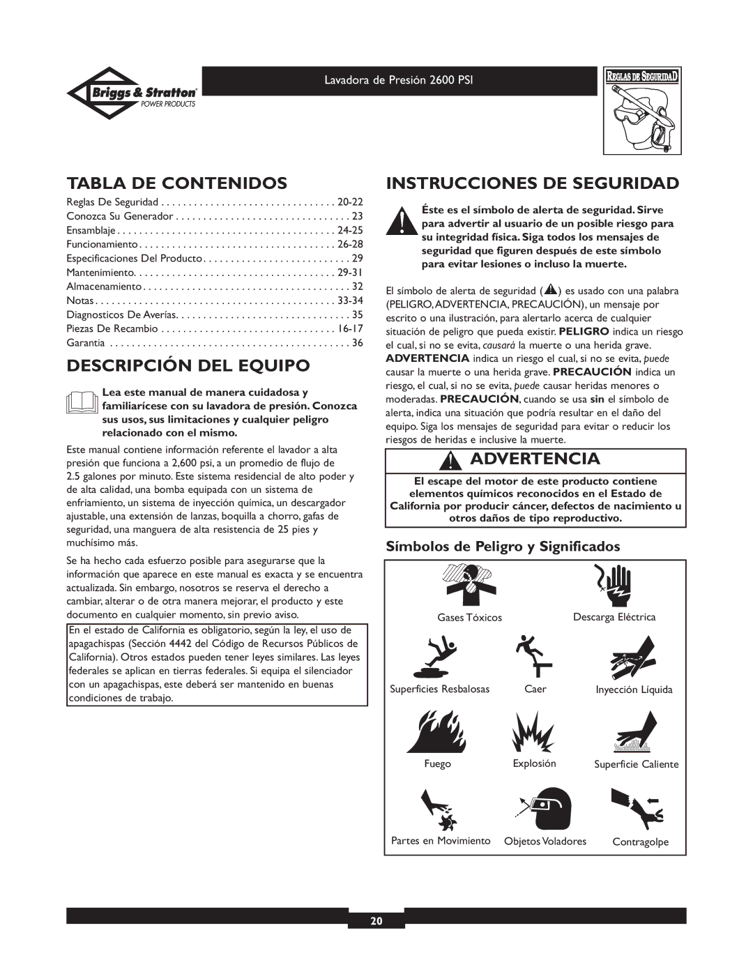 Briggs & Stratton 20216 owner manual Tabla DE Contenidos, Descripción DEL Equipo, Instrucciones DE Seguridad, Advertencia 