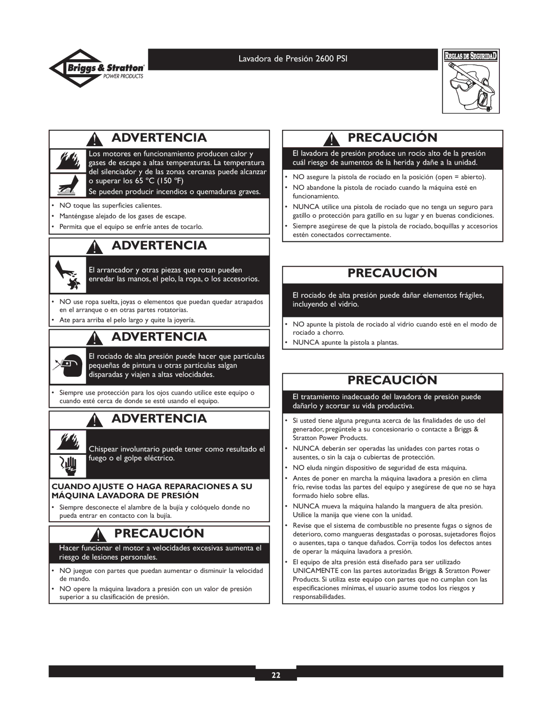 Briggs & Stratton 20216 owner manual Precaución 