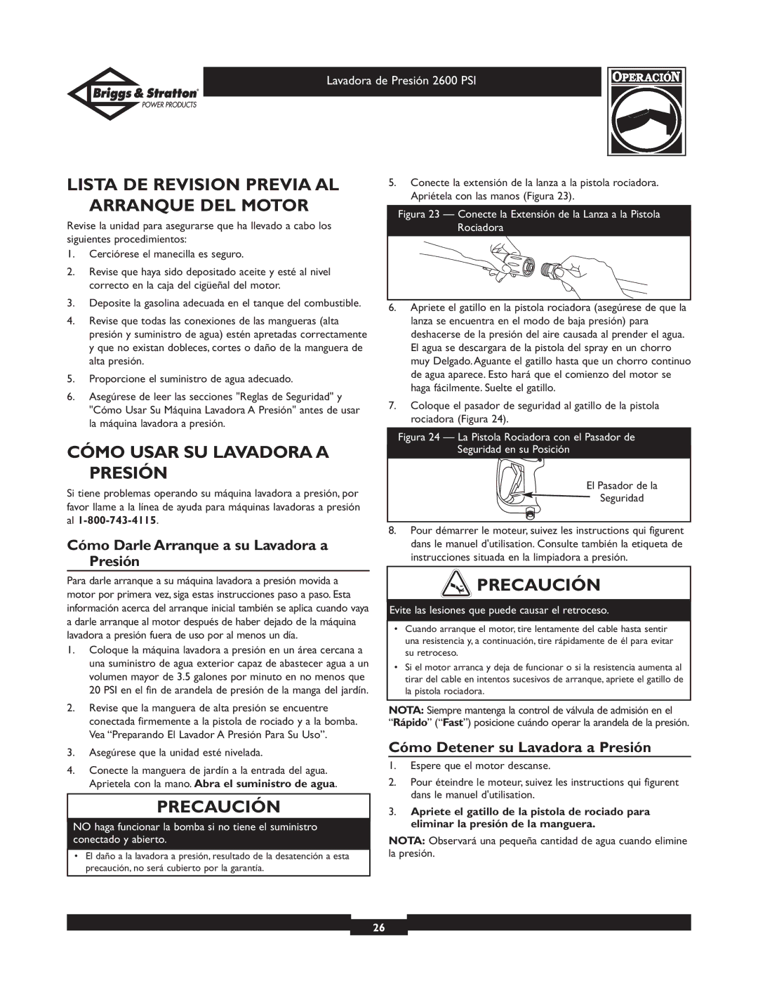 Briggs & Stratton 20216 owner manual Lista DE Revision Previa AL Arranque DEL Motor, Cómo Usar SU Lavadora a Presión 