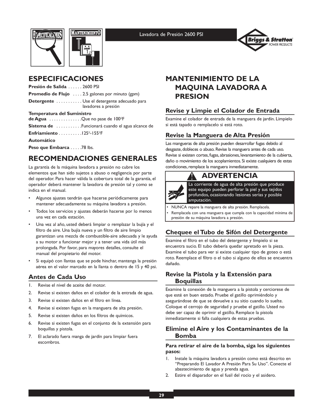 Briggs & Stratton 20216 Especificaciones, Recomendaciones Generales, Mantenimiento DE LA Maquina Lavadora a Presion 