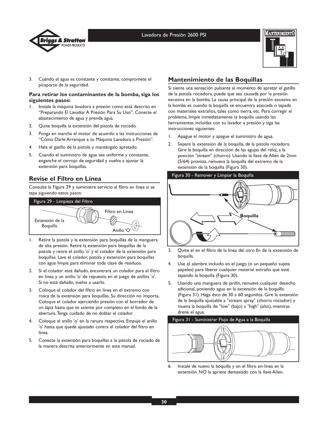 Briggs & Stratton 20216 owner manual Mantenimiento de las Boquillas, Revise el Filtro en Línea 