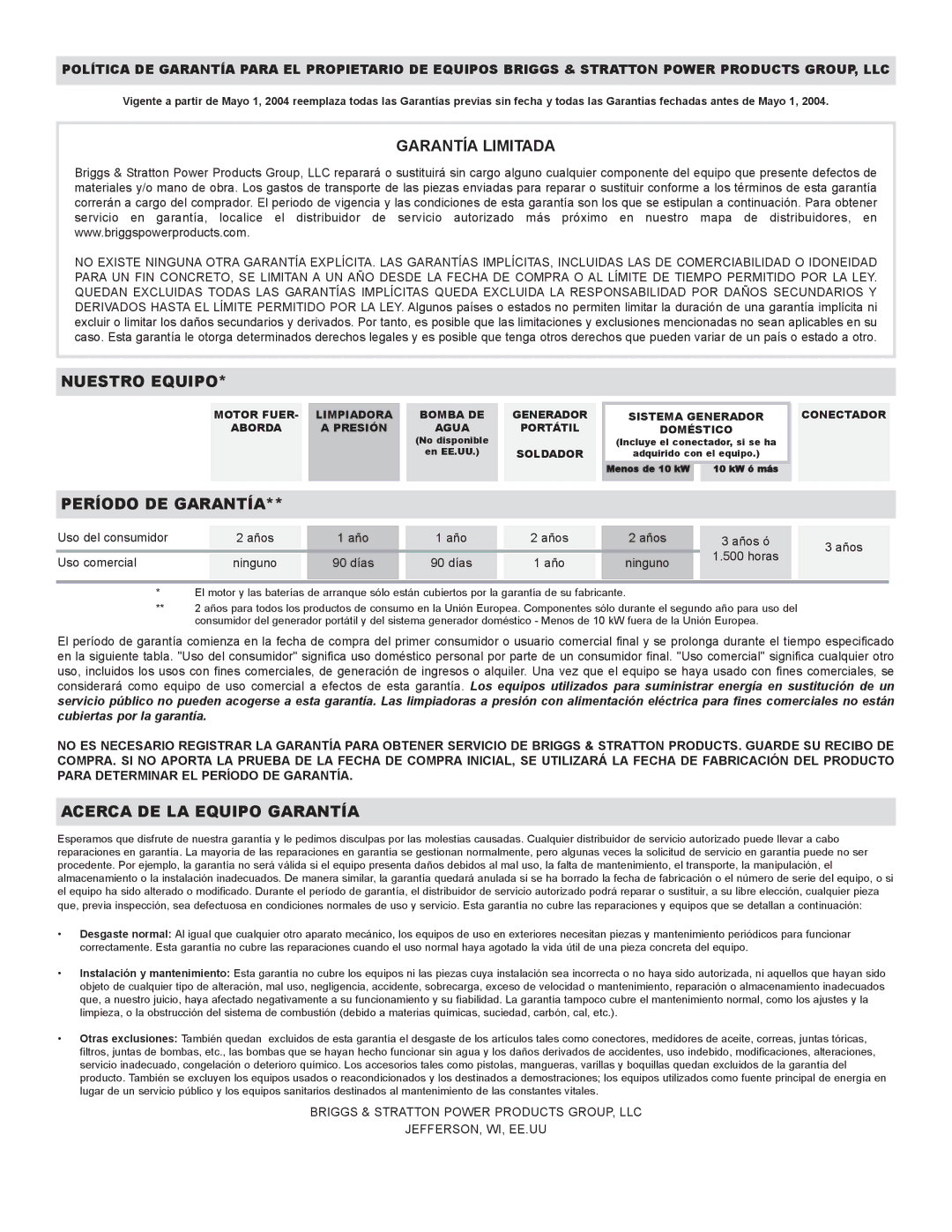 Briggs & Stratton 20216 owner manual Garantía Limitada 