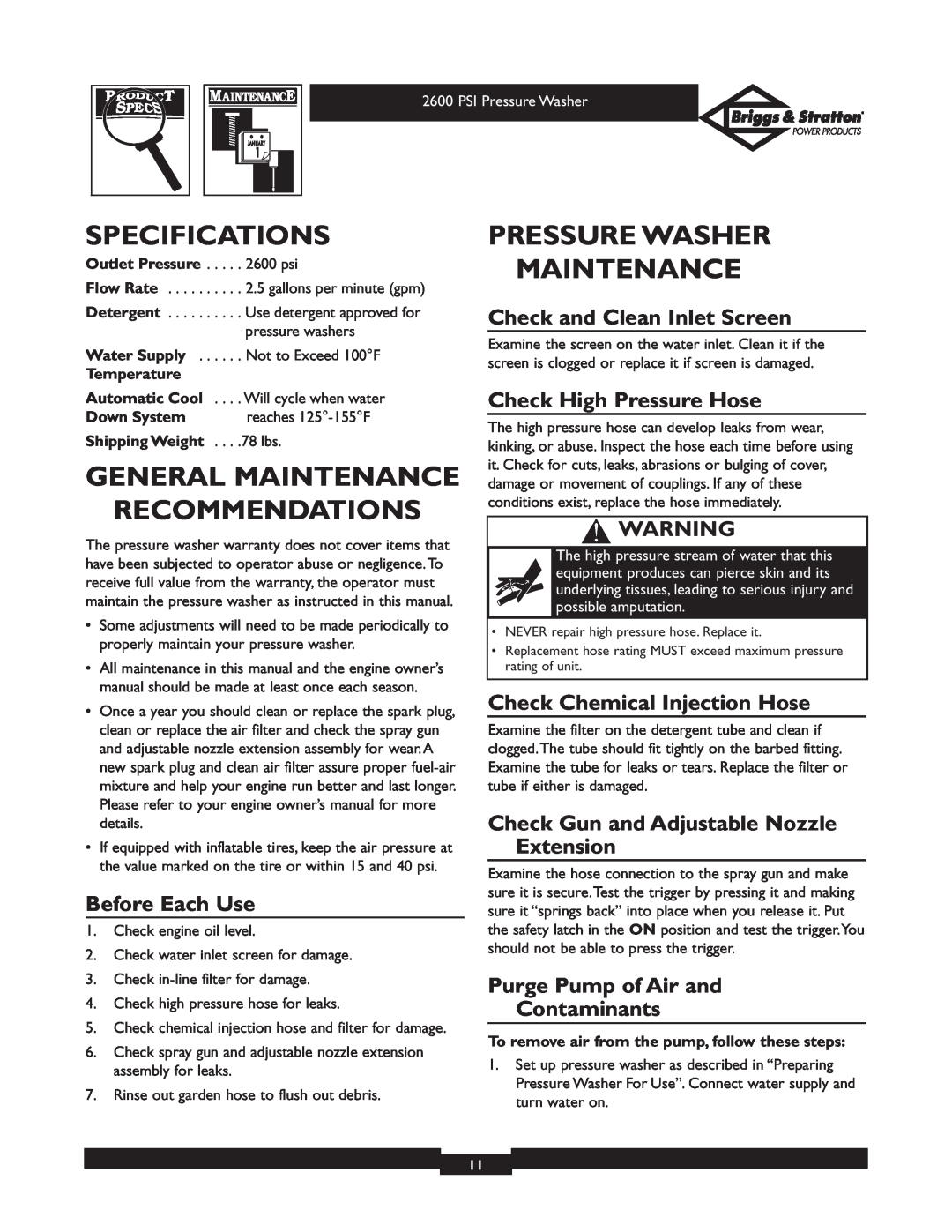 Briggs & Stratton 20216 Specifications, General Maintenance Recommendations, Pressure Washer Maintenance, Before Each Use 