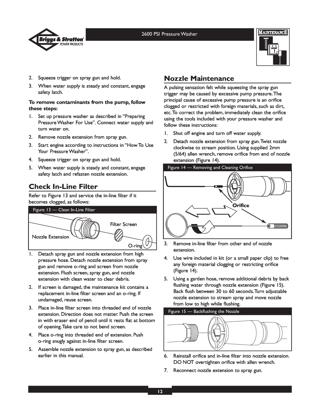 Briggs & Stratton 20216 Nozzle Maintenance, Check In-Line Filter, To remove contaminants from the pump, follow these steps 