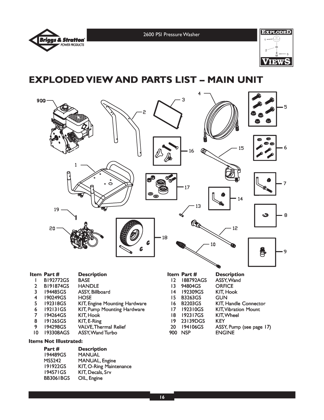 Briggs & Stratton 20216 Exploded View And Parts List - Main Unit, Description, Items Not Illustrated, PSI Pressure Washer 