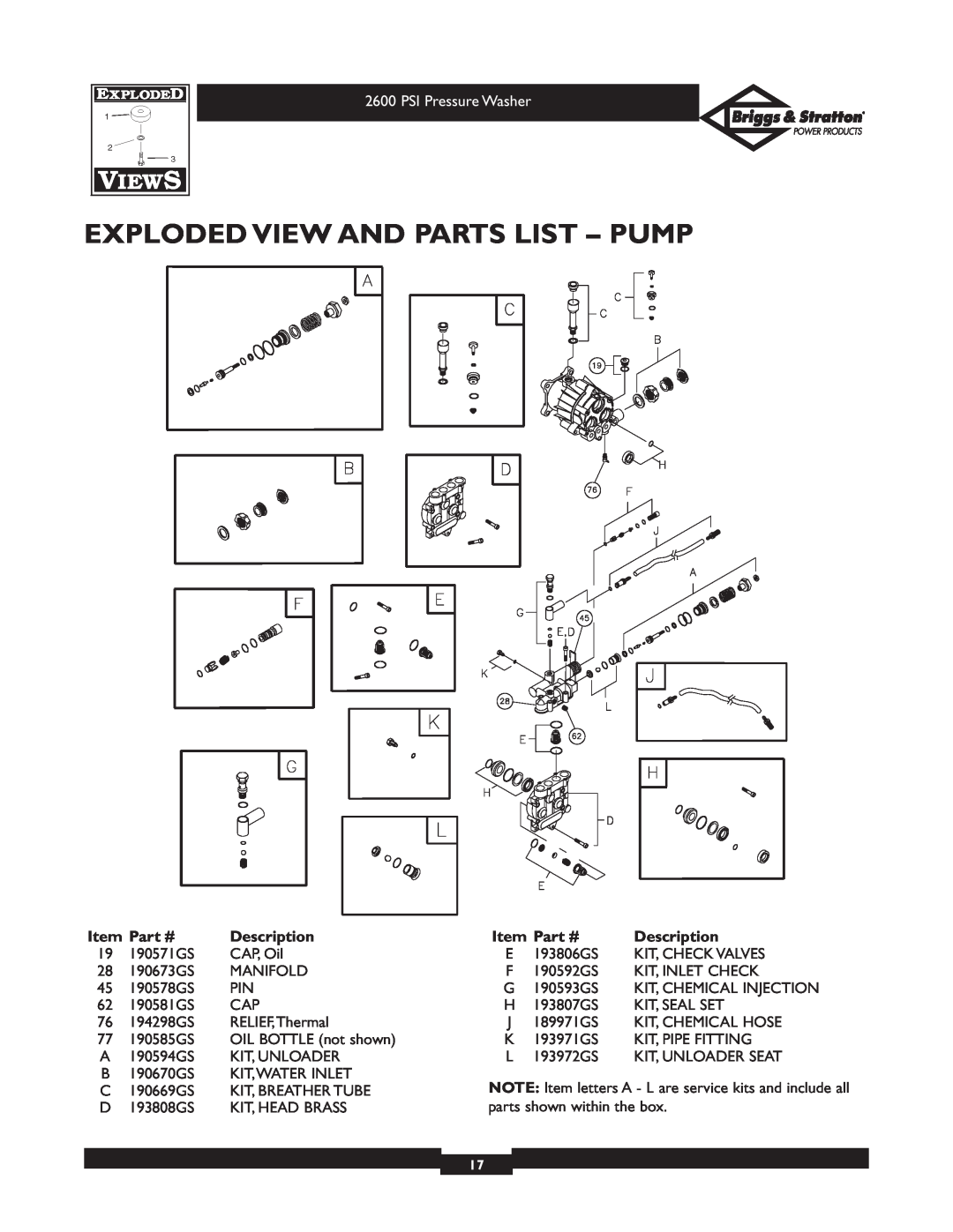 Briggs & Stratton 20216 owner manual Exploded View And Parts List - Pump, PSI Pressure Washer, Description 