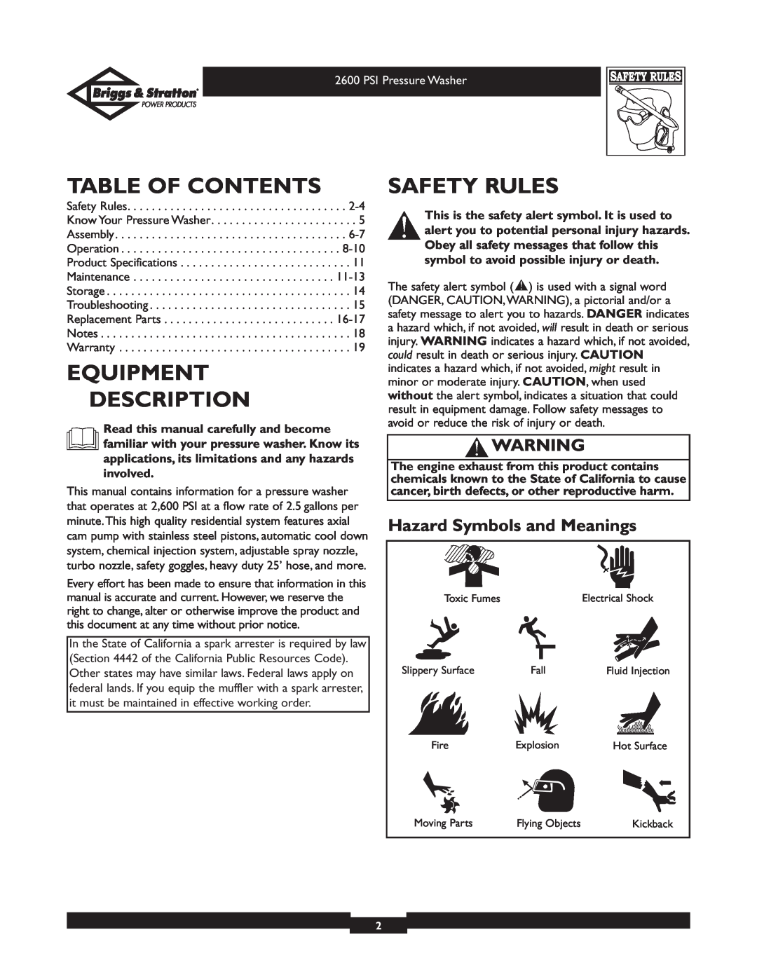 Briggs & Stratton 20216 owner manual Table Of Contents, Equipment Description, Safety Rules, Hazard Symbols and Meanings 