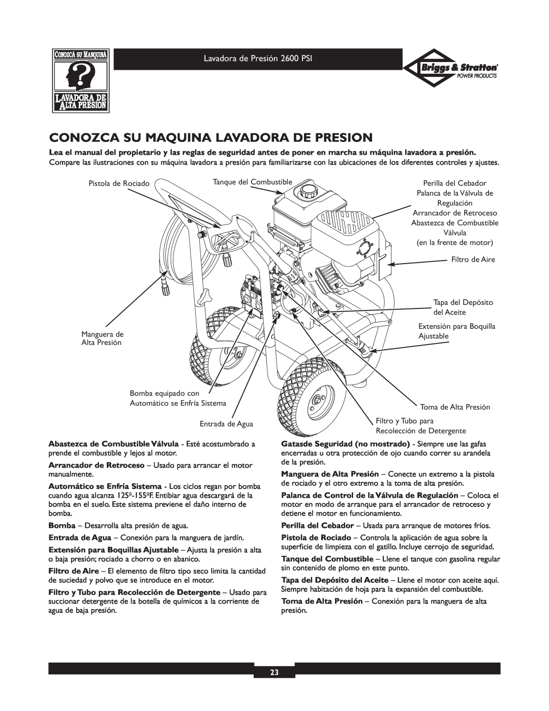 Briggs & Stratton 20216 owner manual Conozca Su Maquina Lavadora De Presion, Lavadora de Presión 2600 PSI 