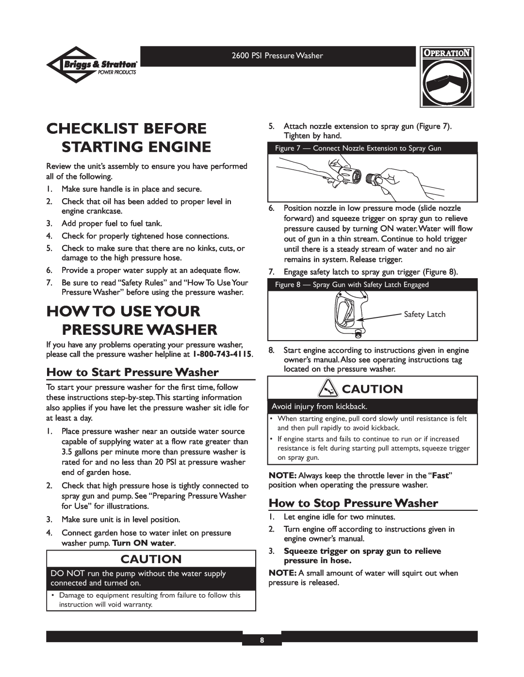 Briggs & Stratton 20216 Checklist Before, Starting Engine, How To Use Your Pressure Washer, How to Start Pressure Washer 