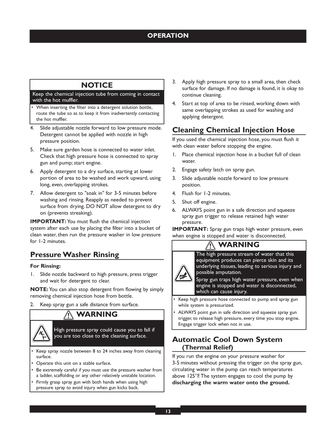 Briggs & Stratton 20223 owner manual Pressure Washer Rinsing, Cleaning Chemical Injection Hose, Automatic Cool Down System 