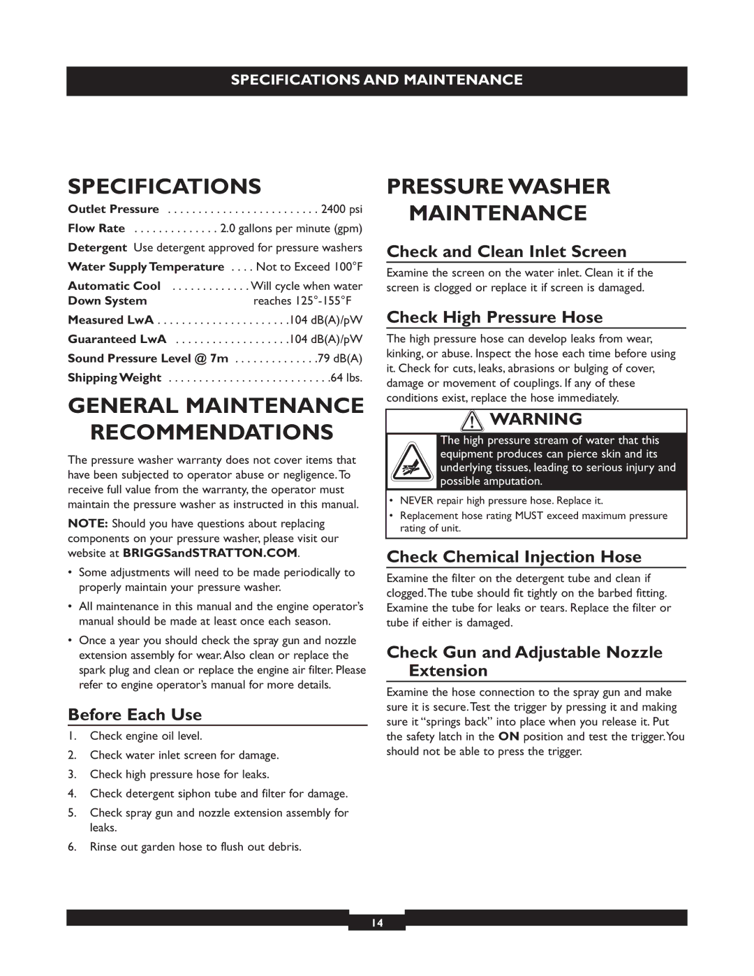 Briggs & Stratton 20223 owner manual Specifications, General Maintenance Recommendations, Pressure Washer Maintenance 