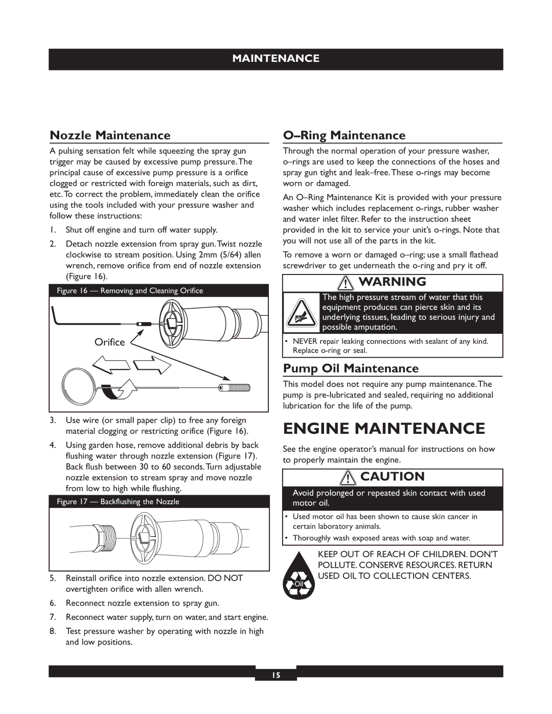 Briggs & Stratton 20223 owner manual Engine Maintenance, Nozzle Maintenance, Ring Maintenance, Pump Oil Maintenance 