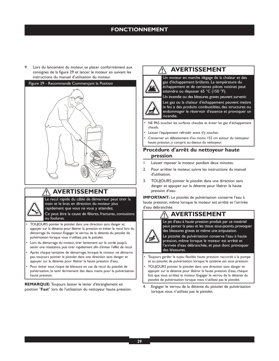 Briggs & Stratton 20223 owner manual Procédure darrêt du nettoyeur haute pression, Recommandé Commençant la Position 