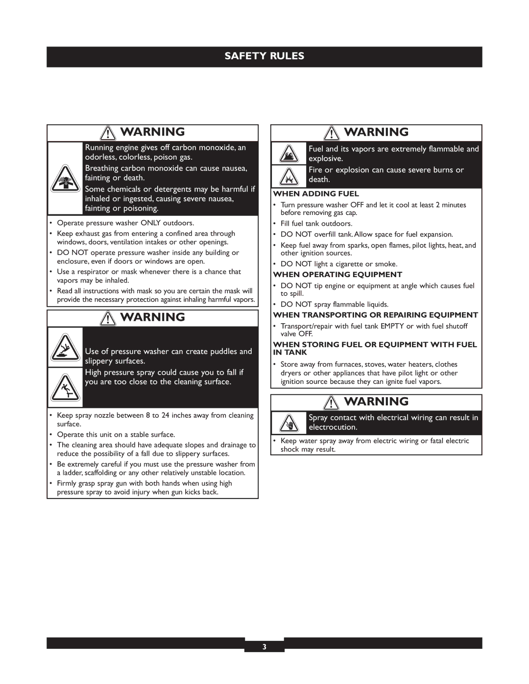 Briggs & Stratton 20223 owner manual Operate pressure washer only outdoors, When Adding Fuel, When Operating Equipment 