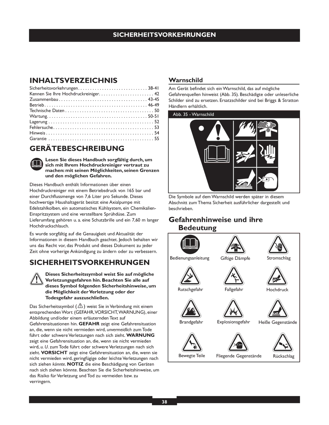 Briggs & Stratton 20223 owner manual Inhaltsverzeichnis, Gerätebeschreibung, Sicherheitsvorkehrungen, Warnschild 