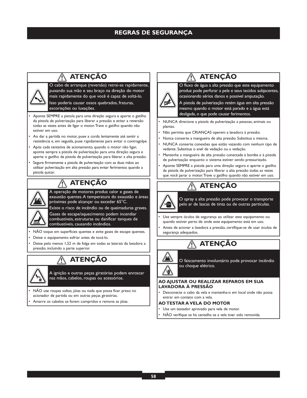 Briggs & Stratton 20223 owner manual AO Ajustar OU Realizar Reparos EM SUA Lavadora À Pressão, AO Testar a Vela do Motor 