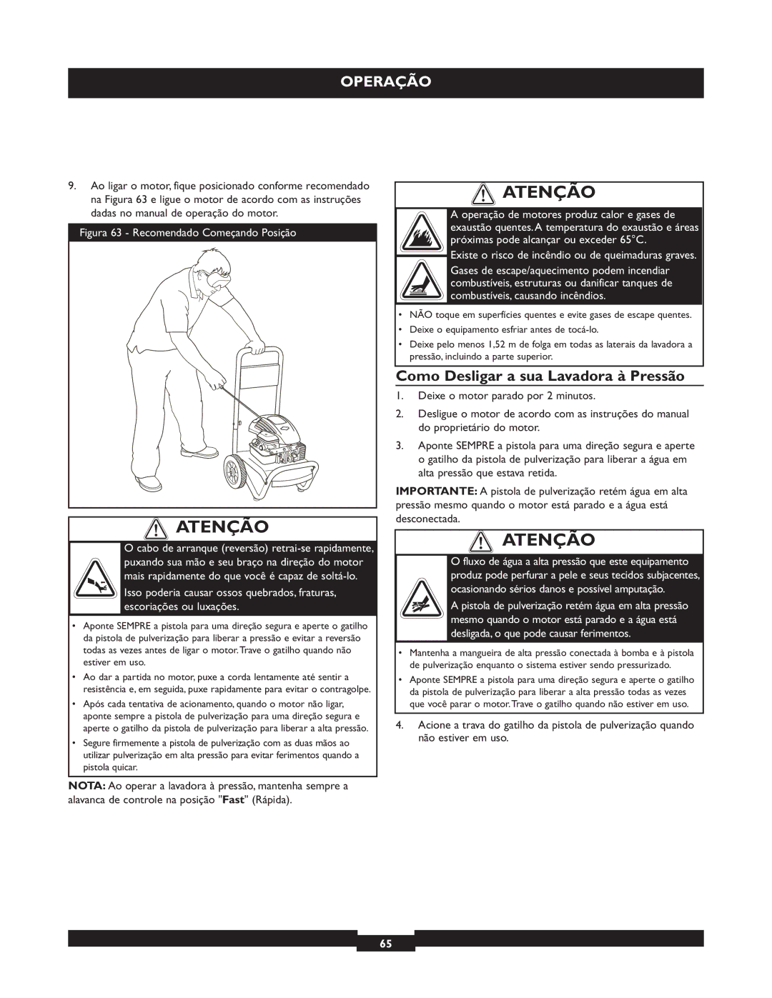 Briggs & Stratton 20223 owner manual Atenção, Como Desligar a sua Lavadora à Pressão 