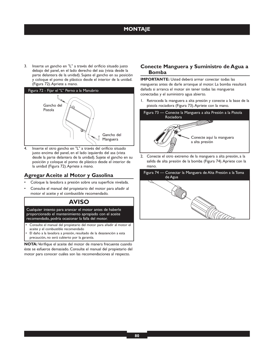 Briggs & Stratton 20223 owner manual Agregar Aceite al Motor y Gasolina, Conecte Manguera y Suministro de Agua a Bomba 