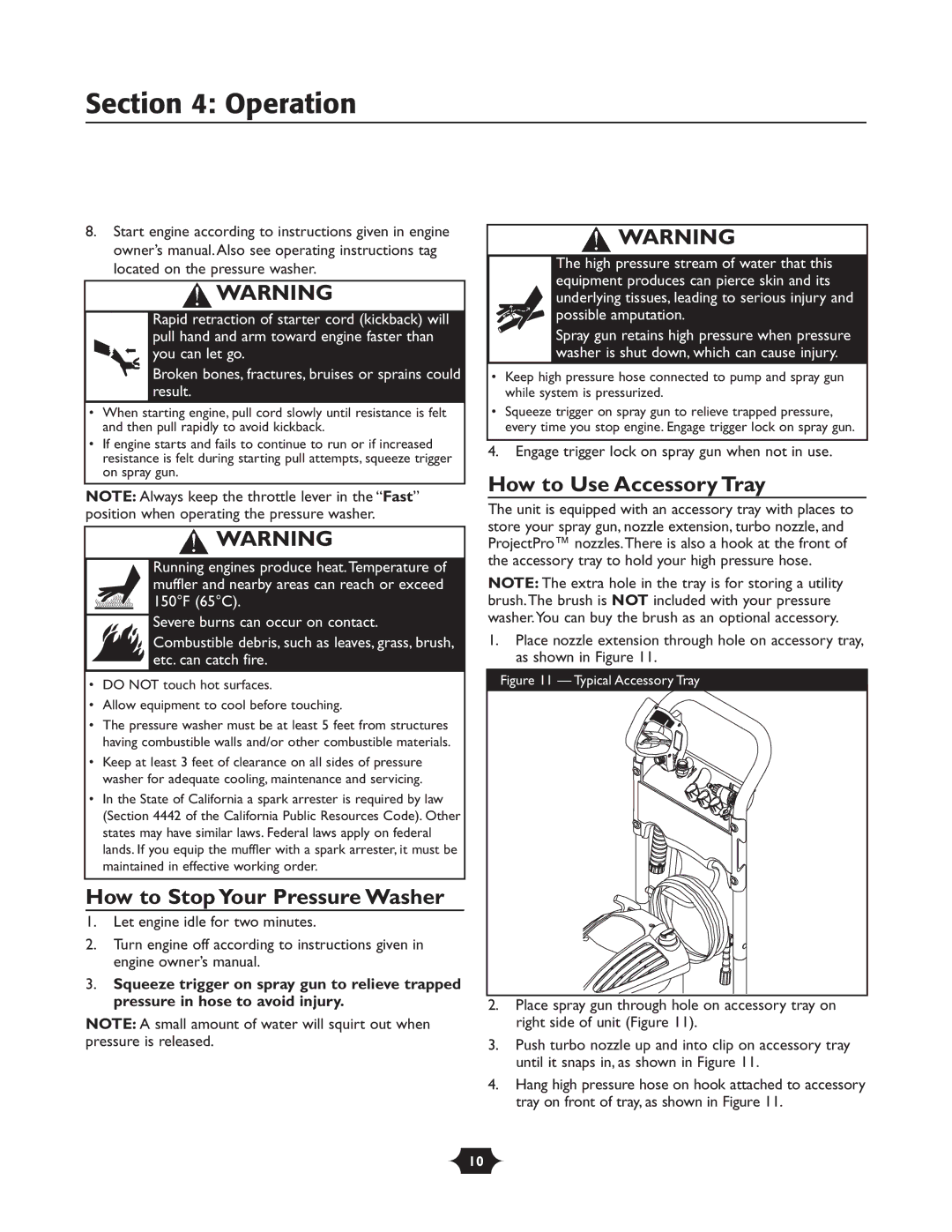 Briggs & Stratton 20228, 195764GS owner manual Operation, How to Stop Your Pressure Washer, How to Use Accessory Tray 