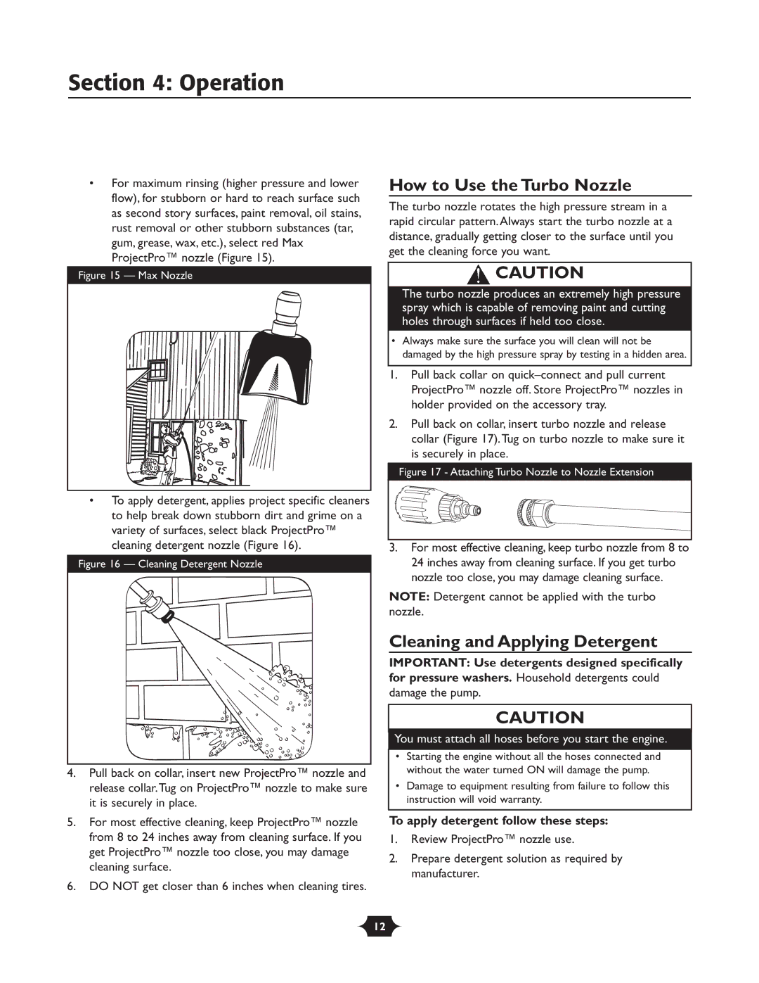 Briggs & Stratton 20228, 195764GS owner manual How to Use the Turbo Nozzle, Cleaning and Applying Detergent 