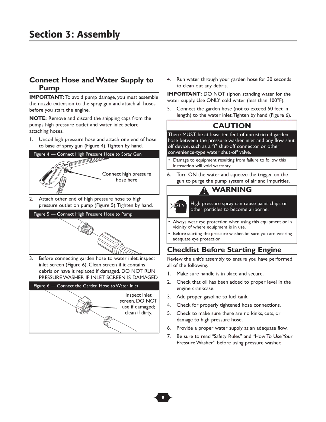 Briggs & Stratton 20228, 195764GS owner manual Connect Hose and Water Supply to Pump, Checklist Before Starting Engine 