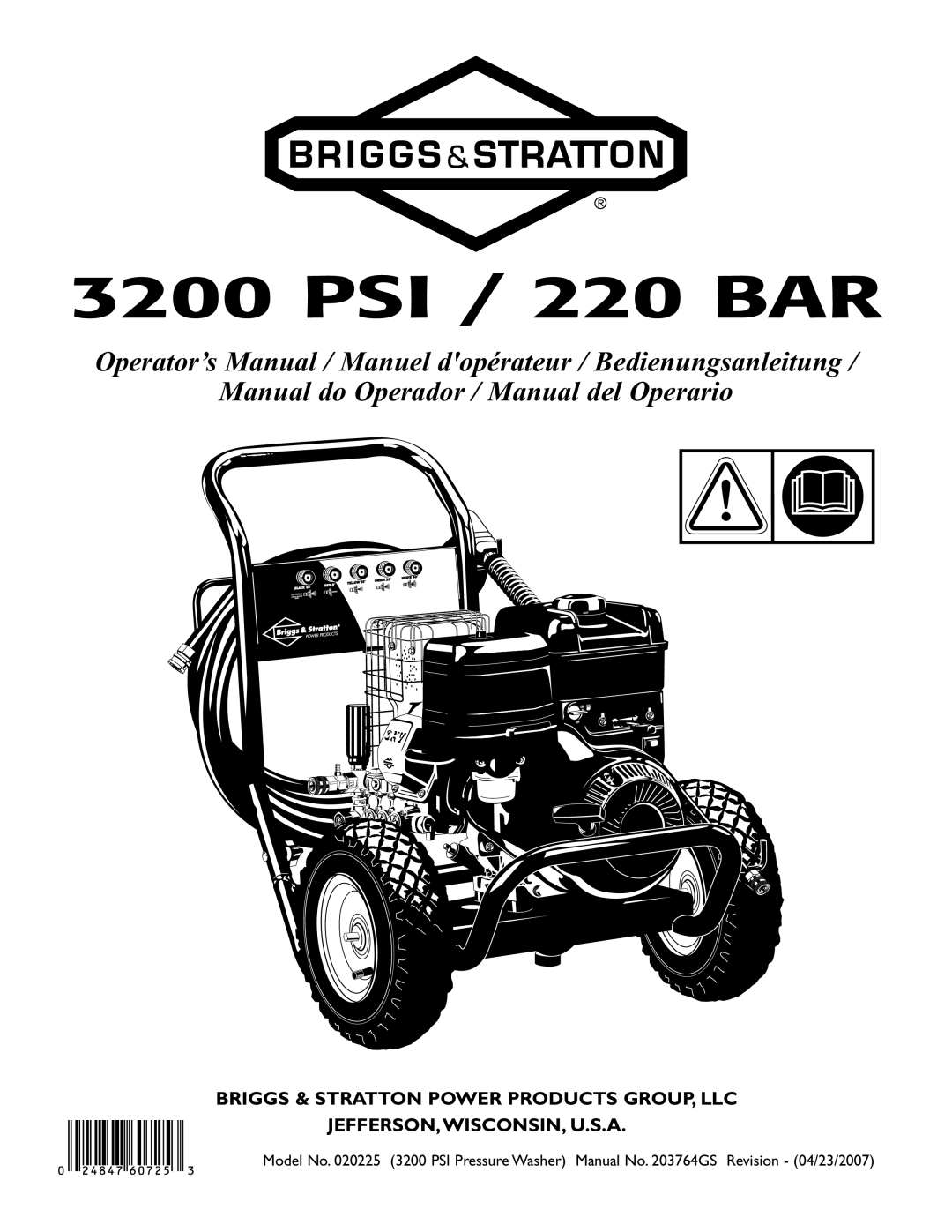 Briggs & Stratton 20255 manual PSI / 220 BAR 