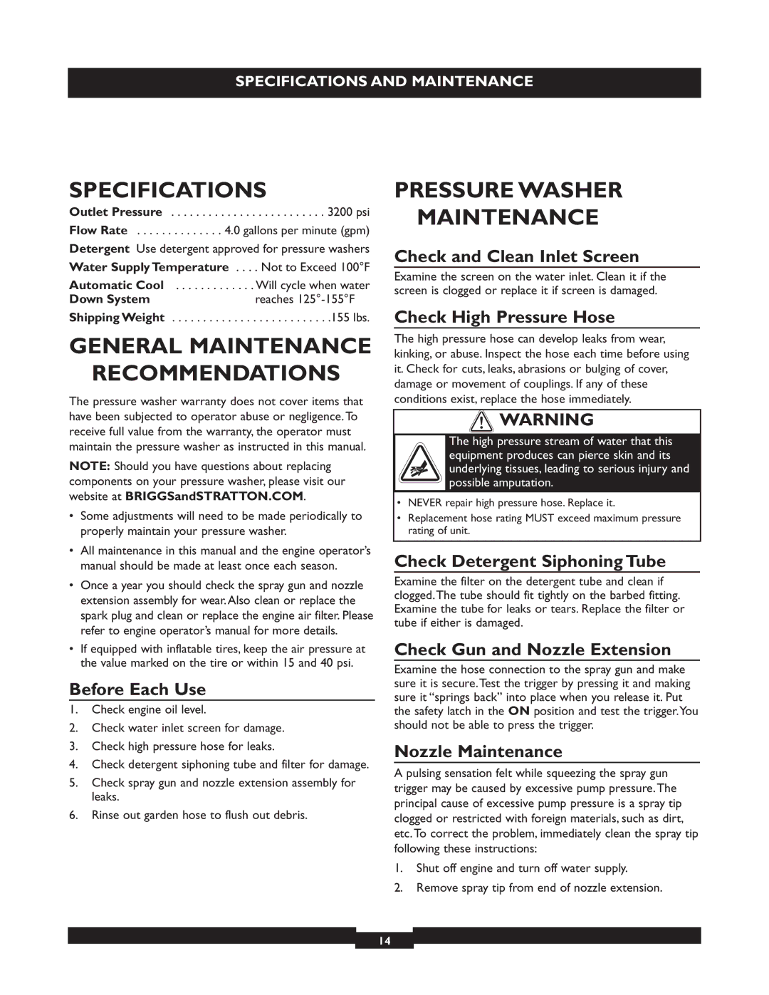 Briggs & Stratton 20255 manual Specifications, General Maintenance Recommendations, Pressure Washer Maintenance 