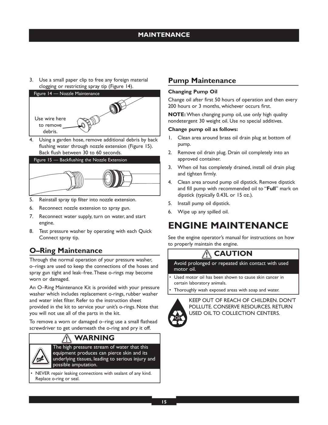 Briggs & Stratton 20255 manual Engine Maintenance, Pump Maintenance, Ring Maintenance 