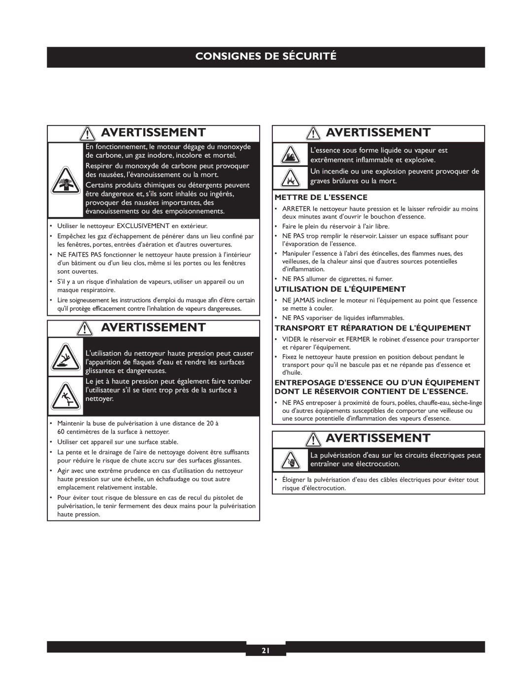 Briggs & Stratton 20255 manual Avertissement, Mettre DE Lessence, Utilisation DE Léquipement 