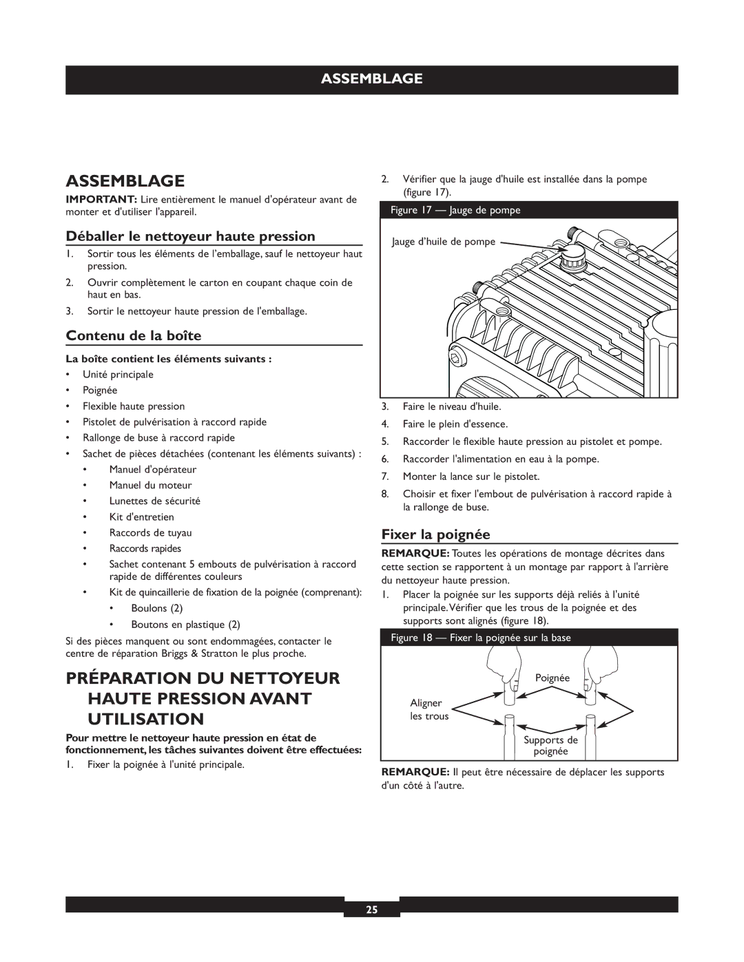 Briggs & Stratton 20255 manual Assemblage, Préparation DU Nettoyeur Haute Pression Avant Utilisation, Contenu de la boîte 