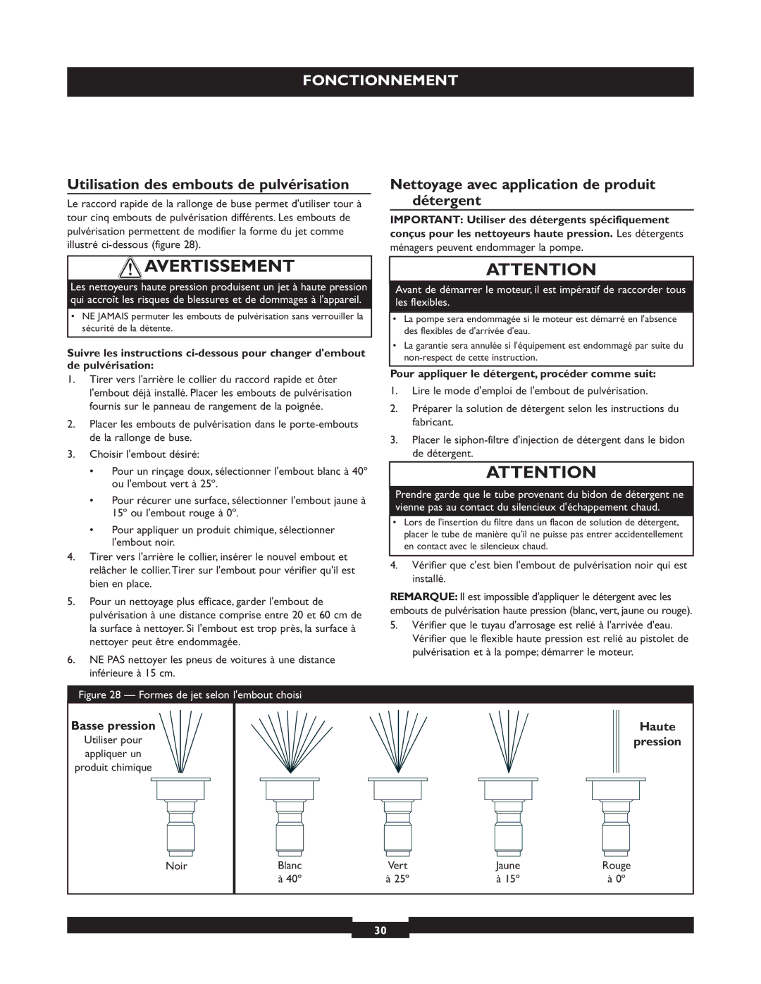 Briggs & Stratton 20255 manual Utilisation des embouts de pulvérisation, Nettoyage avec application de produit détergent 