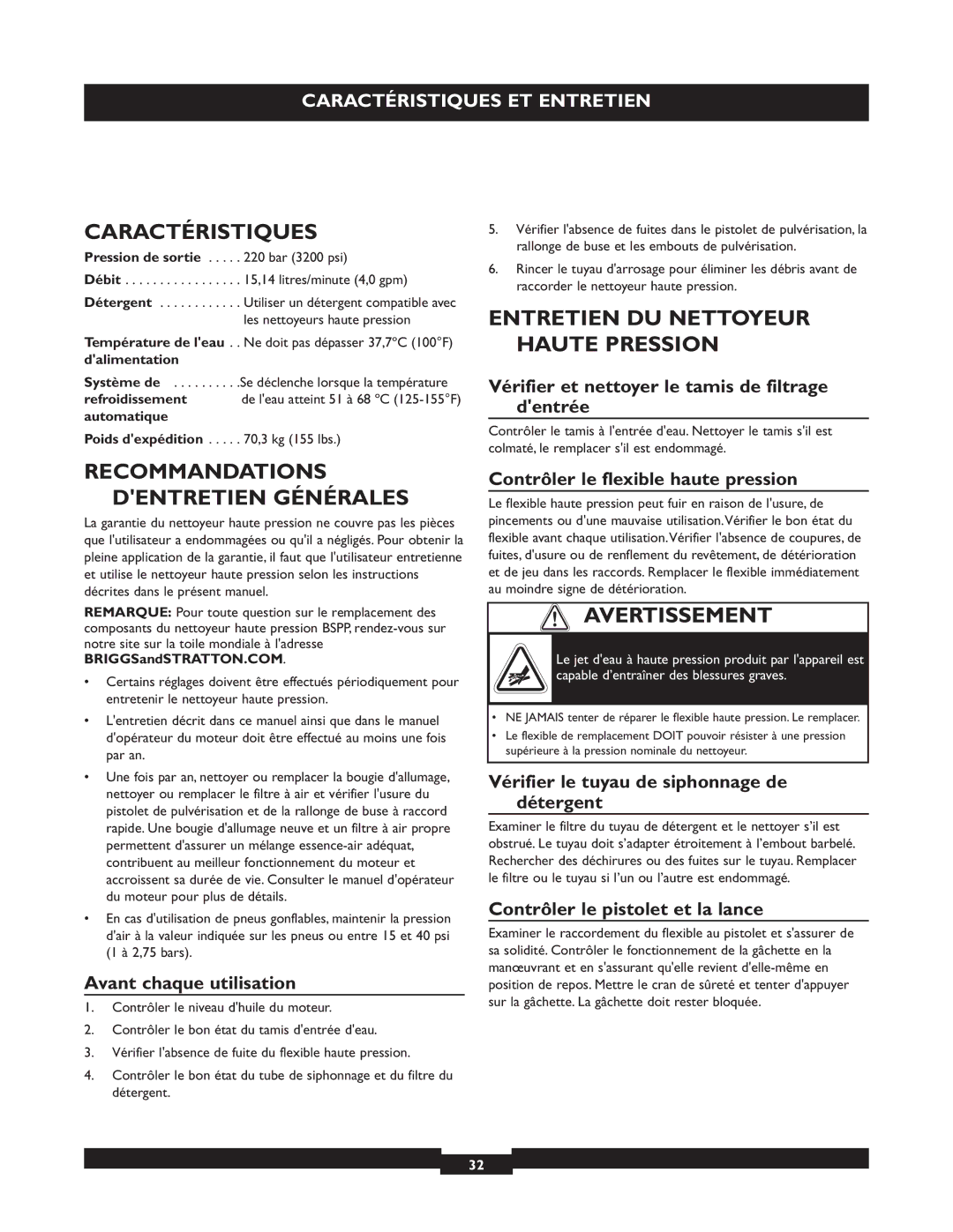 Briggs & Stratton 20255 Caractéristiques, Entretien DU Nettoyeur Haute Pression, Recommandations Dentretien Générales 