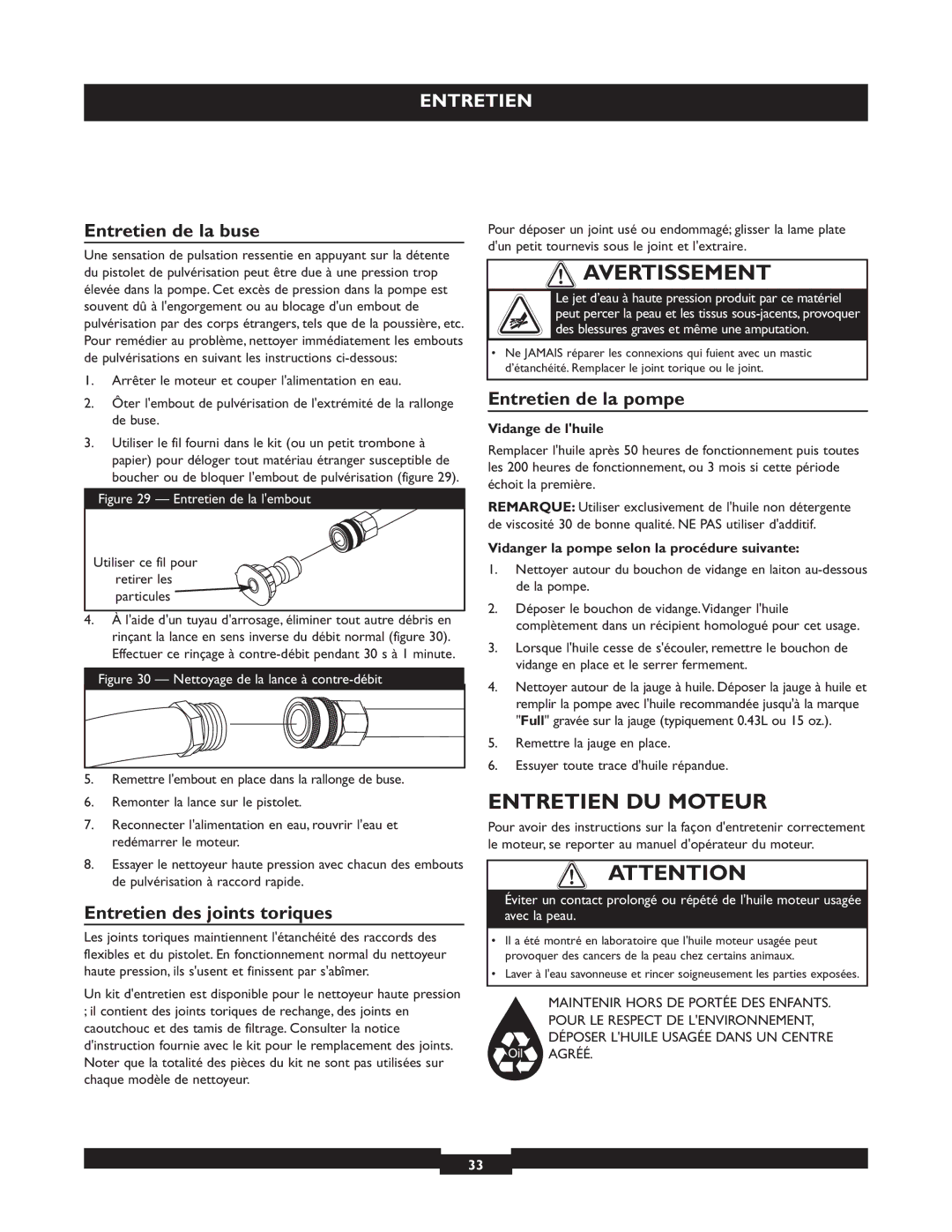 Briggs & Stratton 20255 Entretien DU Moteur, Entretien de la buse, Entretien de la pompe, Entretien des joints toriques 