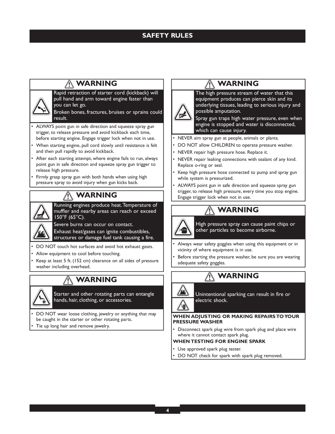 Briggs & Stratton 20255 manual When Adjusting or Making Repairs to Your Pressure Washer, When Testing for Engine Spark 