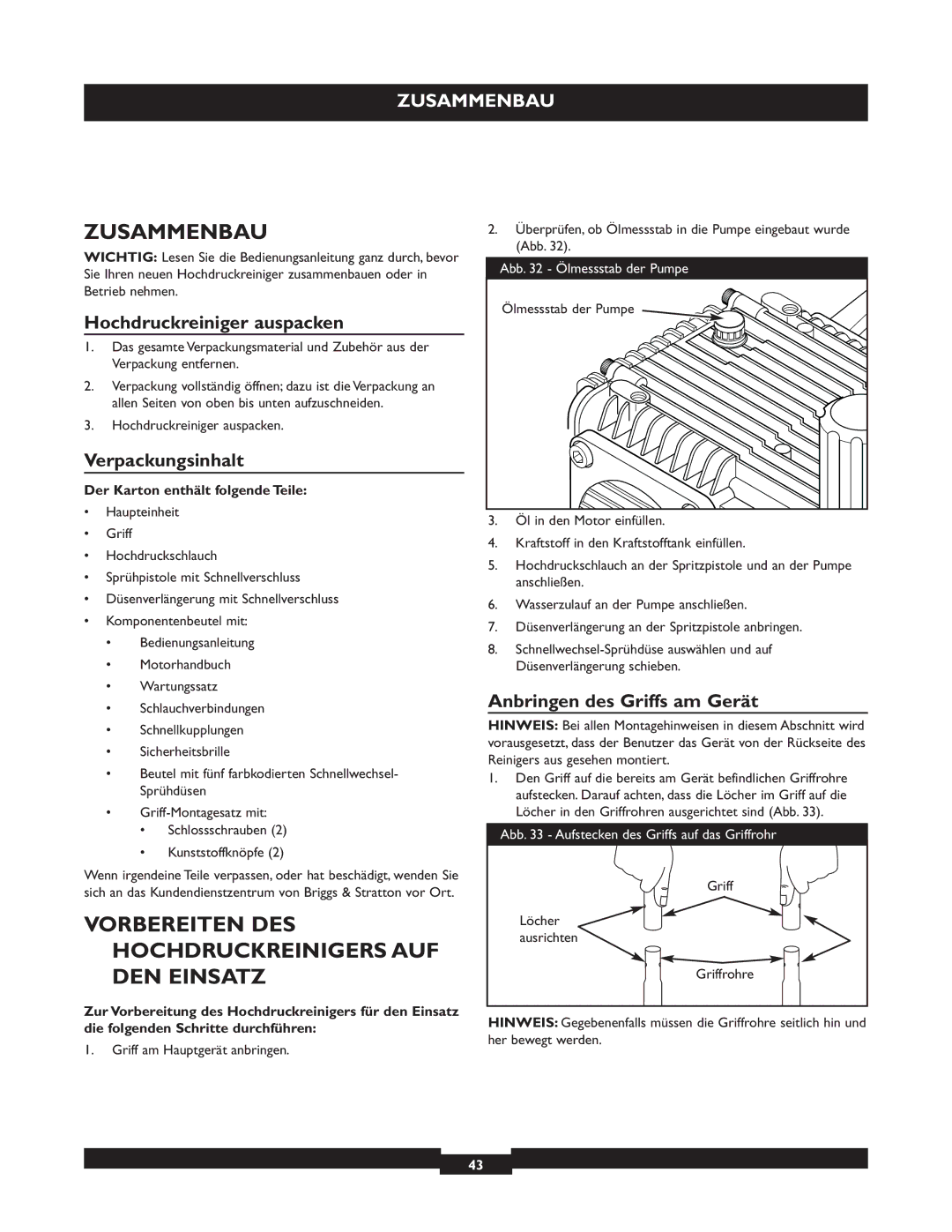 Briggs & Stratton 20255 manual Zusammenbau, Vorbereiten DES Hochdruckreinigers AUF DEN Einsatz, Hochdruckreiniger auspacken 