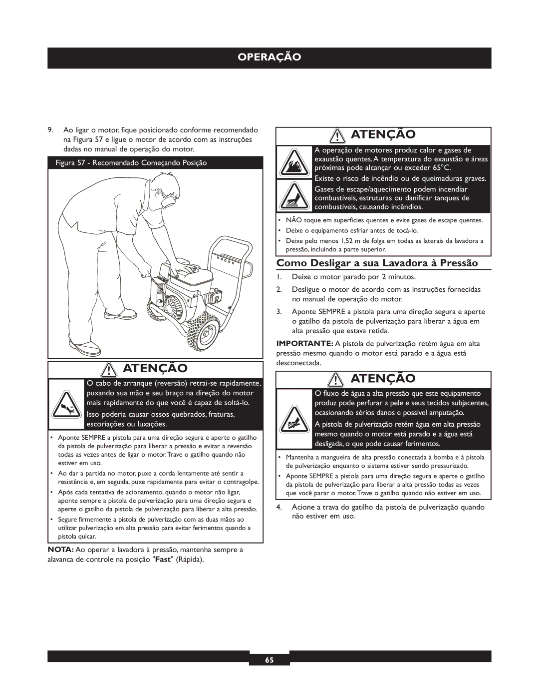 Briggs & Stratton 20255 manual Atenção, Como Desligar a sua Lavadora à Pressão 