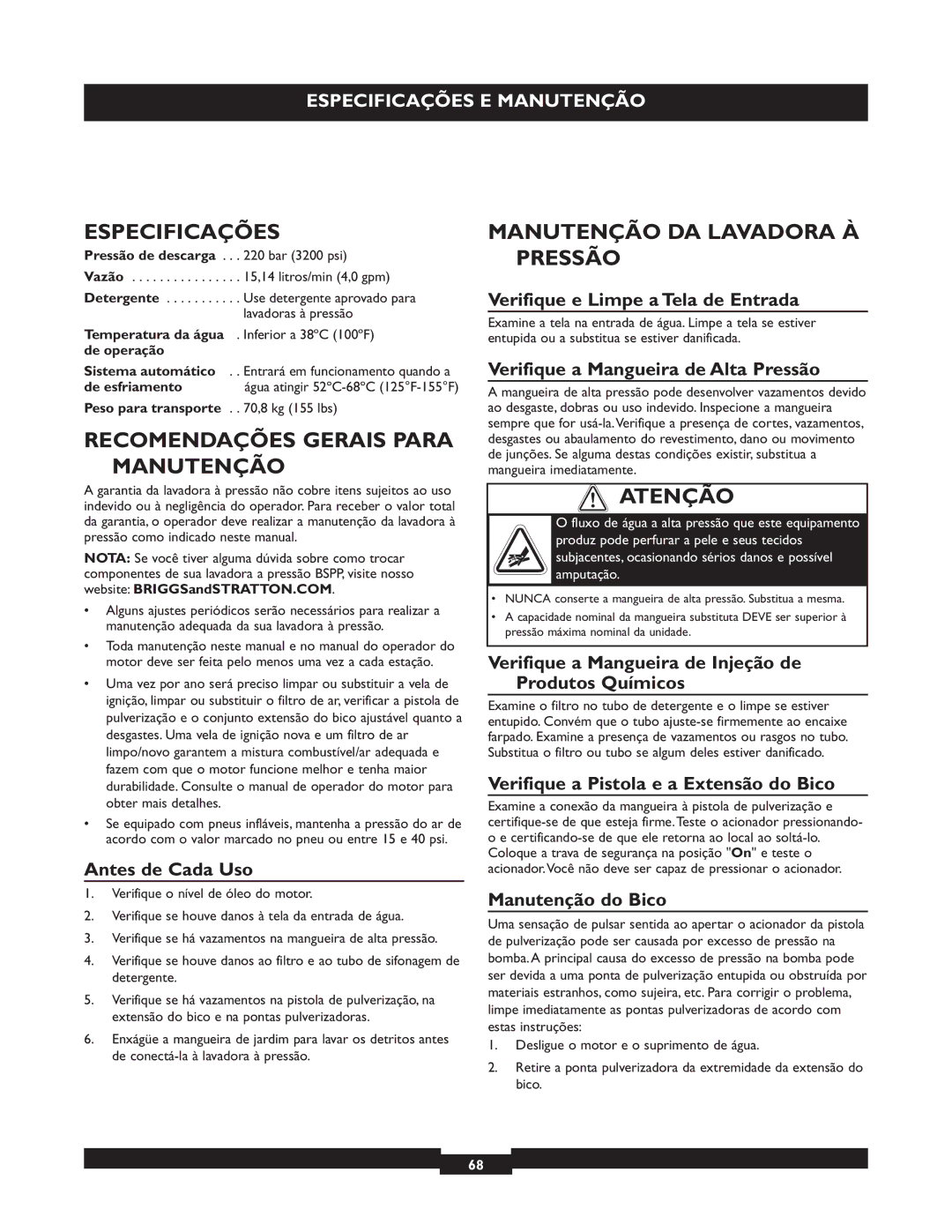 Briggs & Stratton 20255 manual Especificações, Recomendações Gerais Para Manutenção, Manutenção DA Lavadora À Pressão 